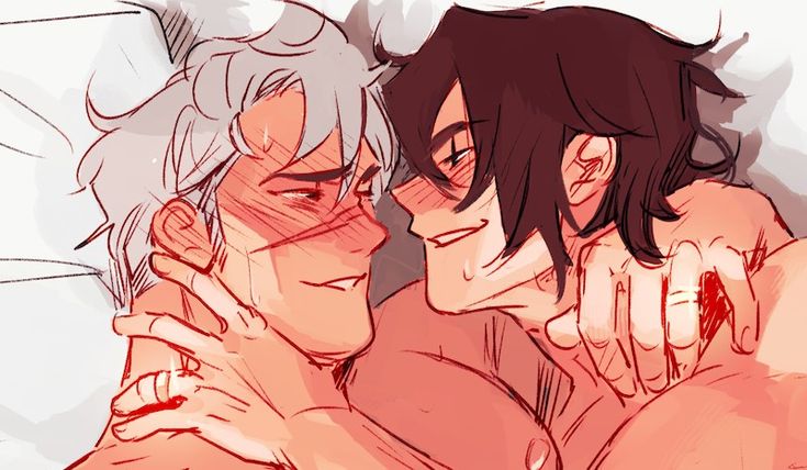 the image is a digital fanart depicting a closeup of two men, intimately embracing on a bed.  they are both blushing, and their eyes are closed or looking at each other intensely. one man has short, dark brown hair, the other has short, silverygray hair. both men are lightly clothed and are shown to be wearing wedding rings. the style is reminiscent of manga or anime art, utilizing bold lines and warm, reddish tones to create a sense of passion and warmth. the overall mood is romantic and suggestive, focusing on the couple's physical closeness and emotional connection.