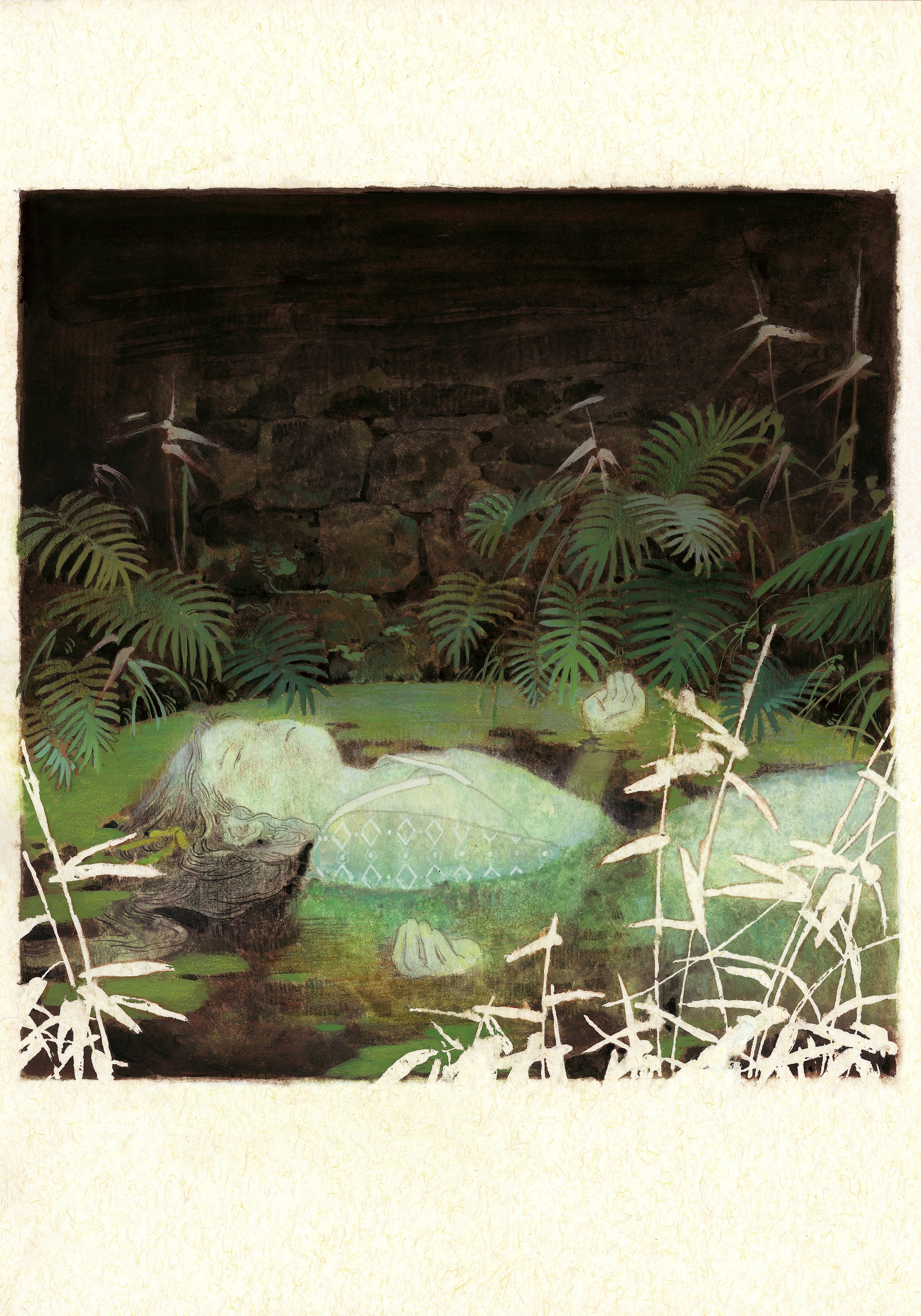 the artwork depicts a woman lying peacefully submerged in a dark, murky pond or swamp. her body is partially visible, with her head and upper body resting on the surface of the water. her clothing appears to be a lightcolored, patterned garment. the setting is lush and verdant, with various tropical plants and foliage surrounding the water. a dark stone wall is visible in the background, adding a mysterious element to the scene. the overall style of the artwork is soft, dreamlike, and slightly whimsical. the muted color palette contributes to the calm, serene atmosphere, and the level of detail is wellbalanced, showcasing both the figure and the surrounding environment.  the image evokes a sense of mystery and tranquility.