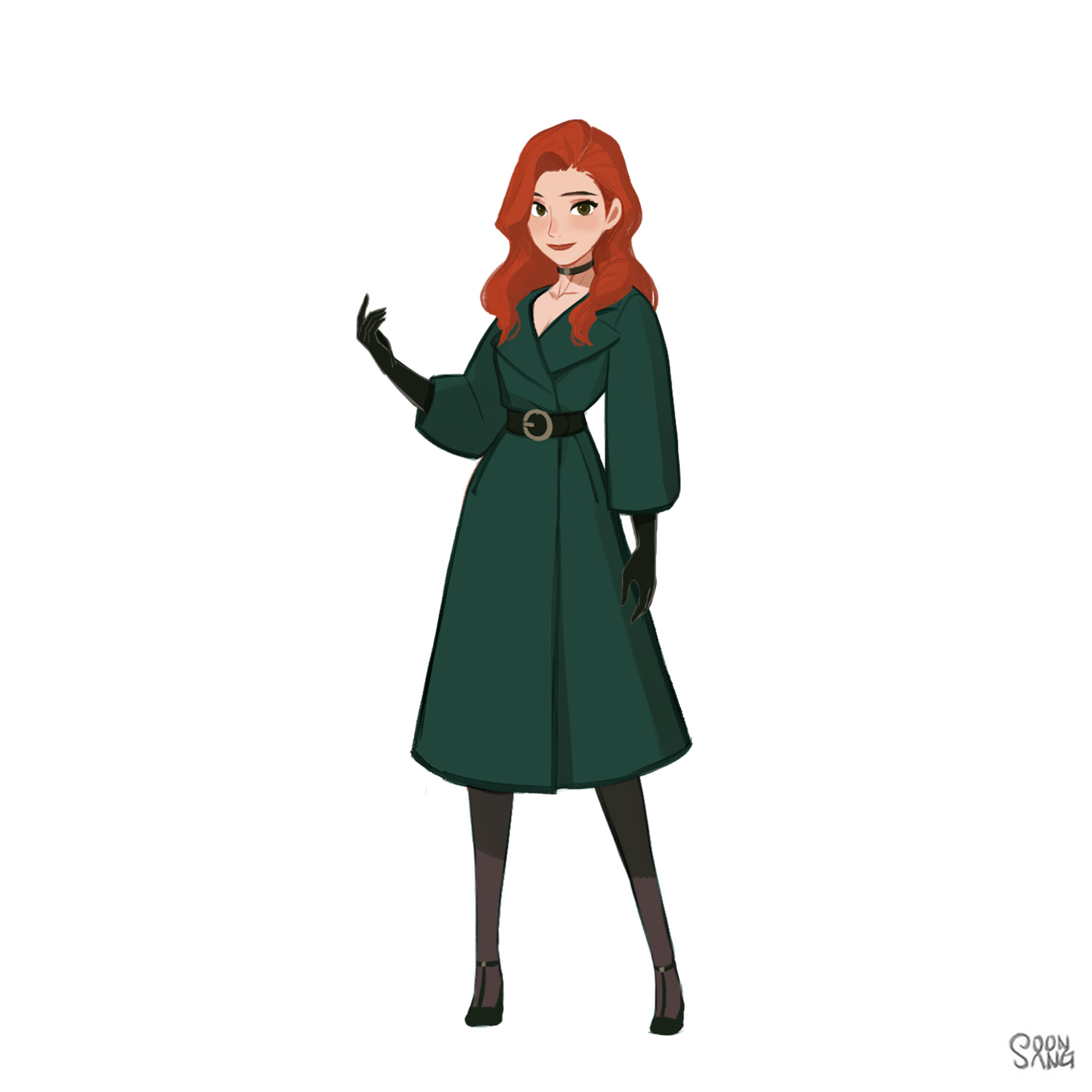 the image shows a stylish woman with long red hair wearing a long green coat, black gloves, and black tights. she is posing against a white background, and the illustration has a soft lighting effect. the image has a focus on fashion and elegance.