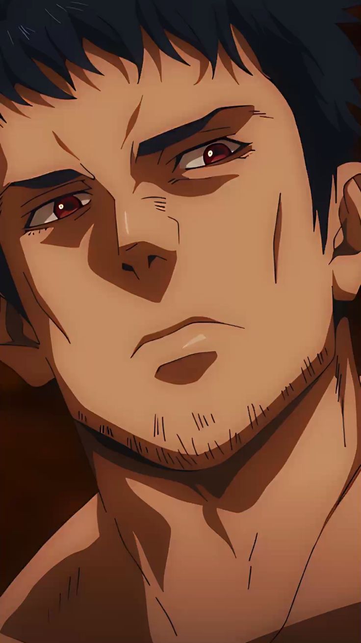the image shows the face of an adult man with short black hair and red eyes. the man has a serious expression and appears to be looking slightly down.  there are wrinkles on his forehead and around his eyes, suggesting age and experience. he has stubble on his chin and neck. the overall lighting is warm, with shadows accentuating the contours of his face. the background is a dark, undefined space, directing the viewer's focus to the man's face.  the closeup perspective emphasizes the details of his features, giving him a sense of presence and intensity.