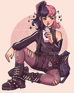 the image is a digital illustration of an anime girl with pink and black hair,  dressed in black clothes and boots. she is sitting on a pink background and holding a drink. the girl looks very stylish and cool.