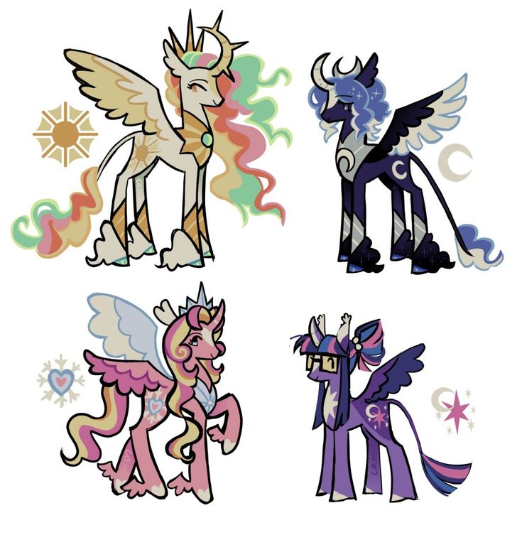 the image contains four stylized drawings of my little pony characters.  the top left shows a version of princess celestia, radiating sunlike energy. next to her, on the top right, is princess luna with moonthemed elements. the bottom left depicts princess cadance, featuring pastel colors and heart motifs. lastly, on the bottom right is twilight sparkle, showcasing her usual purple and having a slightly different style than the other three.  all four ponies are depicted in a unique artistic style that incorporates vibrant colors and distinct personality traits of the characters.  the artwork shows a blend of traditional and fantasy elements, creating a charming and colorful piece.