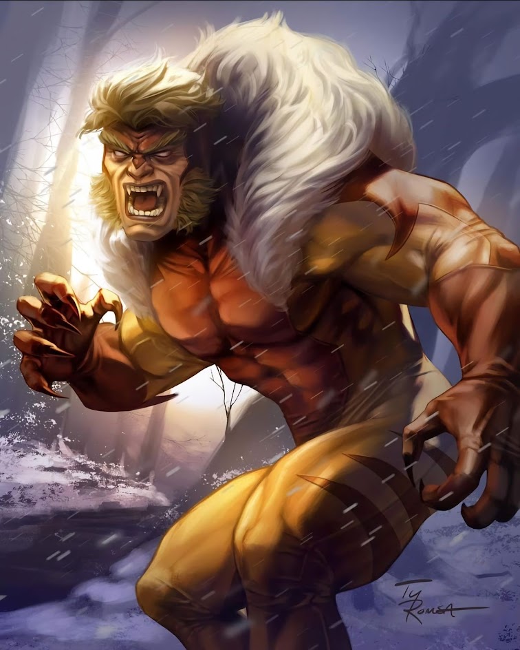 a digital illustration of sabertooth, a marvel comics villain, depicted in a dynamic pose. he is running forward with claws extended, his face contorted in a ferocious expression. he is clad in brown fur and yellow pants. the snowy forest environment surrounding him adds to the atmosphere of danger and intensity.