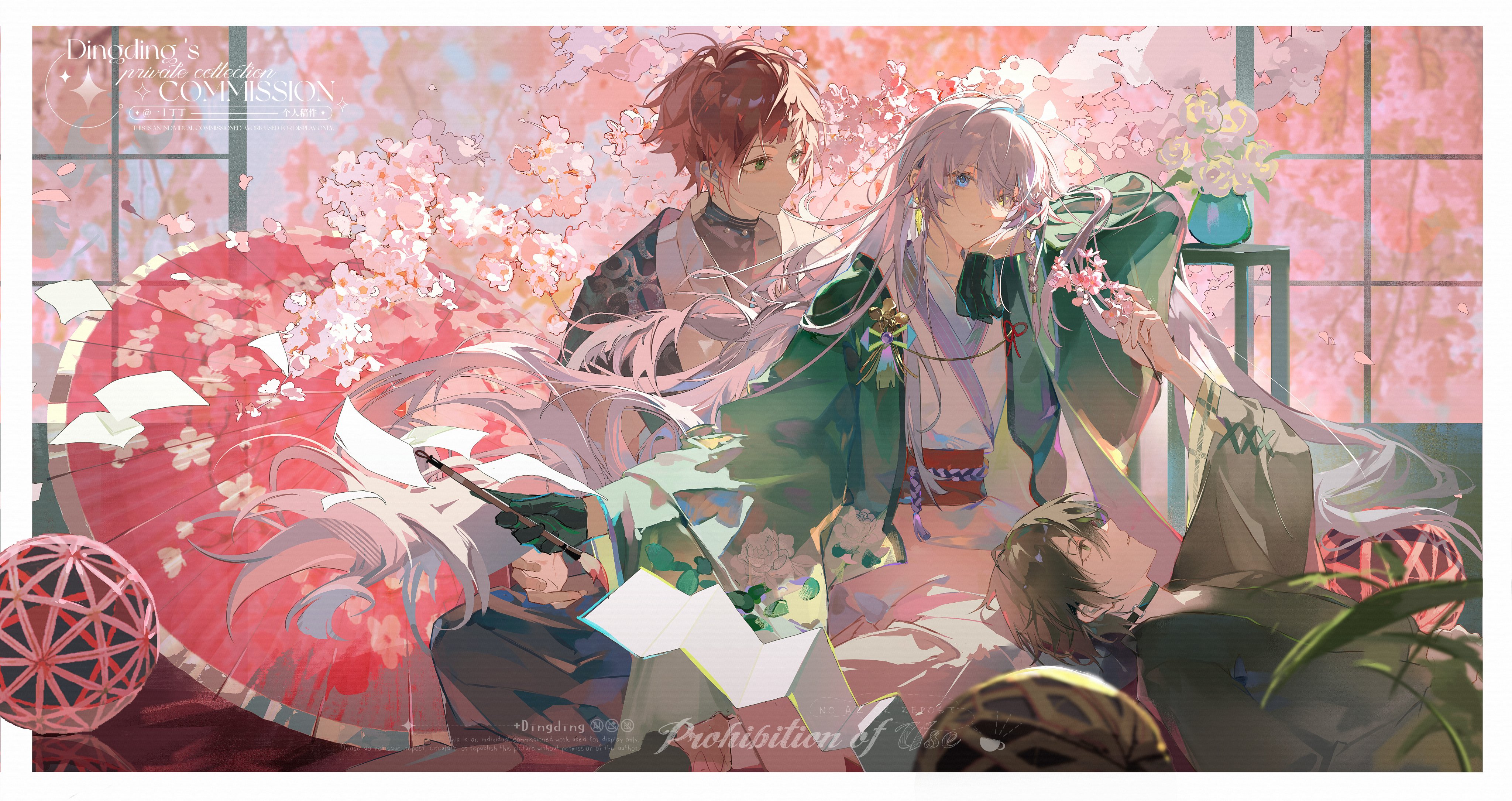 the image showcases three young men in a serene, japanesestyle room adorned with cherry blossoms. two are seated, one with long white hair holds a branch of blossoms while the other with shorter red hair gazes at him. the third man with dark hair lies peacefully on the lap of the whitehaired figure. the scene is bathed in soft, warm, natural light coming through the window, creating a peaceful and elegant atmosphere. the art style is reminiscent of anime and manga.