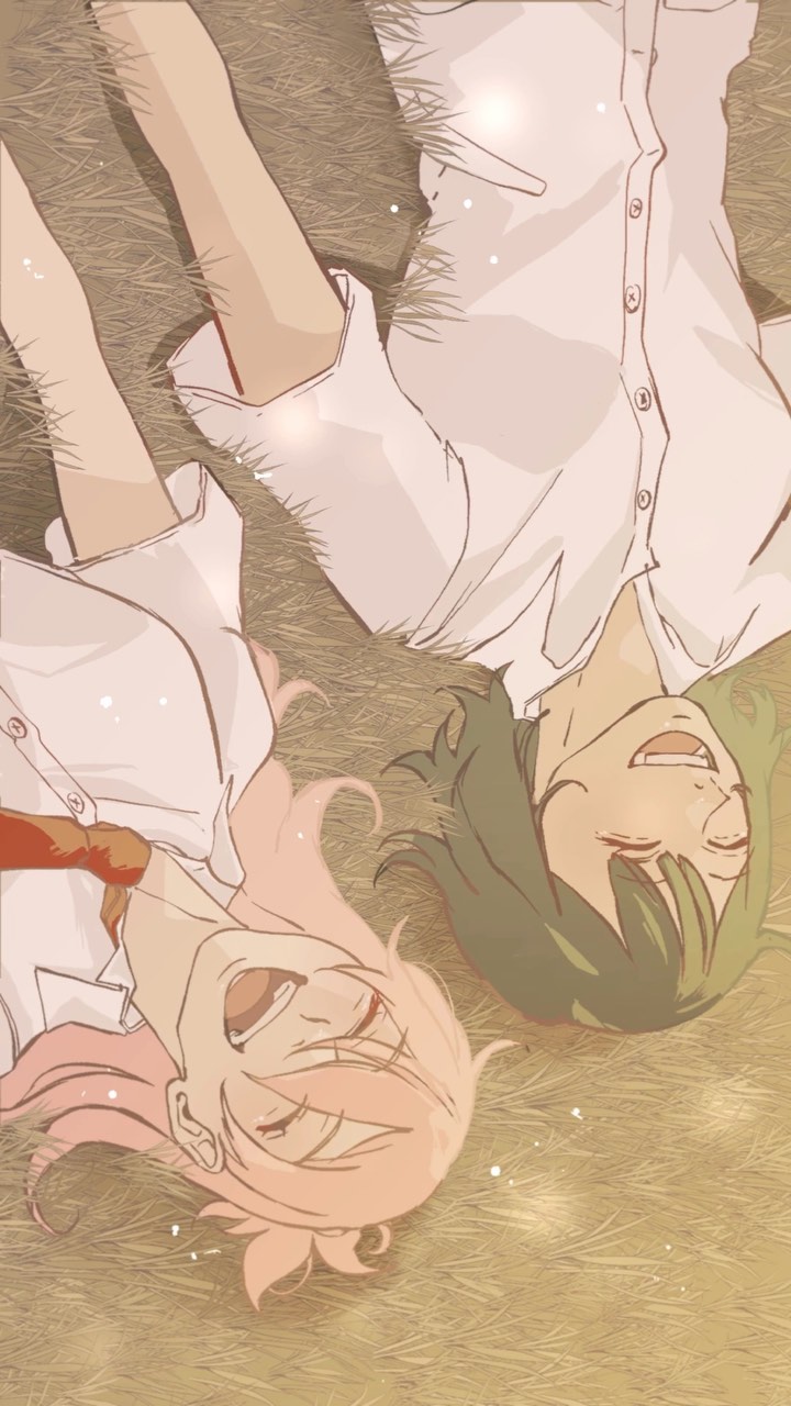the image depicts two animestyle girls lying down in a field of grass. they are wearing similar school uniforms and are smiling happily at each other. the overall tone of the image is light, warm, and peaceful, suggesting a feeling of friendship and carefree happiness. the girls' hair colors contrast beautifully; one has pink hair, and the other has green hair. the style is reminiscent of manga or anime artwork.