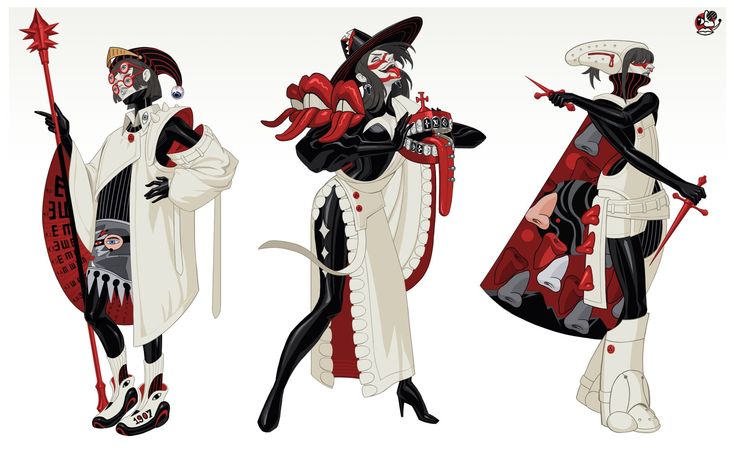 the image showcases three distinct female character designs, rendered in a stylized, graphic illustration style. the color palette is predominantly red, white, and black. each character boasts a unique outfit and accessories: character 1 (left): this character wears a long, white coat over a black and red outfit, a jester's hat, and large eyeglasses. she wields a long staff with a starshaped top.  the staff features an eye chartlike design. character 2 (center): this character sports a black and red bodysuit with a white apronlike garment.  she's adorned with a widebrimmed hat and carries what seems to be a set of red teeth or a dental apparatus. her appearance hints at dental or medical themes. character 3 (right): this character is clad in a white and black outfit, a unique headpiece, and high boots.  she holds a dagger and has a red, capelike garment trailing behind.  this character's cape contains numerous red noses, adding a somewhat surreal element.the overall style is evocative of fantasy or steampunk aesthetics,  with elements of gothic and surrealism blended together. the designs appear to be conceptual, possibly for a graphic novel, comic book, or game.