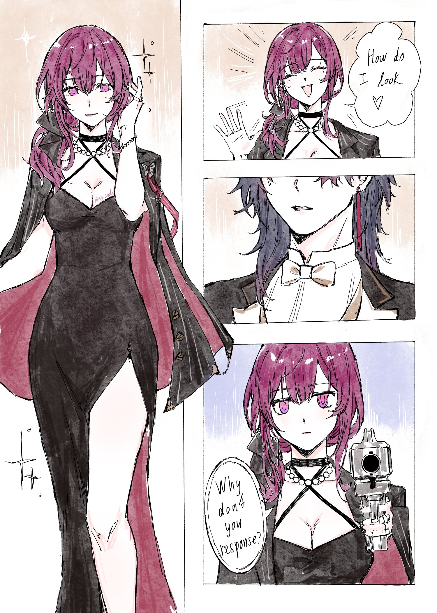 the image shows a panel from a comic or manga. it features three different characters in different panels.  the first character is a girl dressed in a black dress with a red cape, she is posed in an alluring and dramatic pose. the second character is a man with dark hair and a white bow tie, he has a serious expression. the third character is a girl with a serious expression,  she is holding a gun and is standing in front of the other two characters.  the dialogue indicates that the girl with the gun is threatening the other two characters. the image suggests a scene of confrontation or a conflict between the characters.  the art style of the comic is clean and detailed, with a lot of attention to detail in the characters and their expressions. the image uses a variety of color tones and textures to create a mood of tension and danger.
