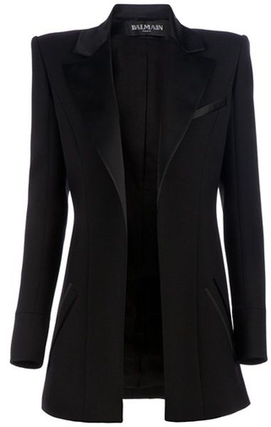 the image showcases a black blazer, specifically a women's design, with long sleeves and an open front. the blazer is made by balmain, a wellknown designer brand, and is a fashionable piece of apparel.