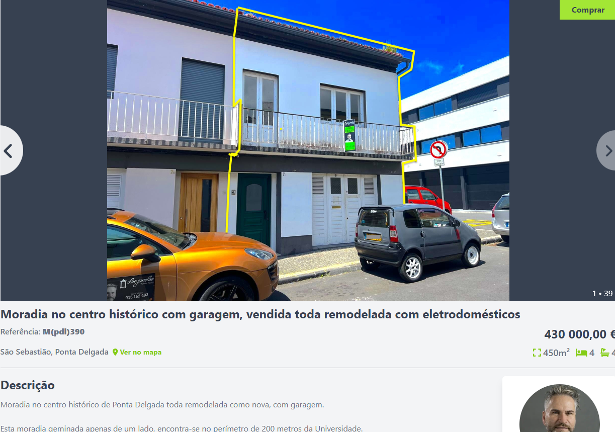 the image shows a listing for a house for sale. the listing is on a website and the photo is of the house's exterior. the house is a twostory white building with a garage and a balcony. the image is captioned "moradia no centro histórico com garagem, vendida toda remodelada com eletrodomésticos," which translates to "house in the historic center with garage, sold fully remodeled with appliances." the listing also includes the house's address, square footage, price, number of bedrooms and bathrooms, and a description of the house.  a real estate agent's logo is visible in the photo, as well as a car parked in front of the house.  a person's head is shown in a small profile picture, presumably the agent.