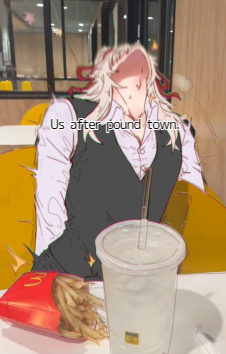 the image is a humorous digital drawing or fanart depicting an animestyle character with long blonde hair, seemingly very full and tired.  the character is seated in a yellow booth at what appears to be a mcdonald's restaurant.  they are surrounded by mcdonald's french fries in a red container and a large clear soda with a straw. text overlay reads "us after pound town," implying a playful commentary on overindulgence after a night out. the style is a mix of clean lines and less defined shading giving it a sort of sketched look with added highlights and effects.