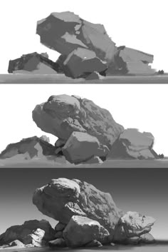 the image is a black and white rendering of three different rock formations. the formations are in various shapes and sizes. they are all made of natural rock. the image is of a high quality and is rendered in a realistic style.