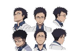 this is a character design sheet of a male character with black hair and glasses wearing a white lab coat over a black and blue striped shirt. there are 6 different headshots showcasing the character from different angles and with different expressions.