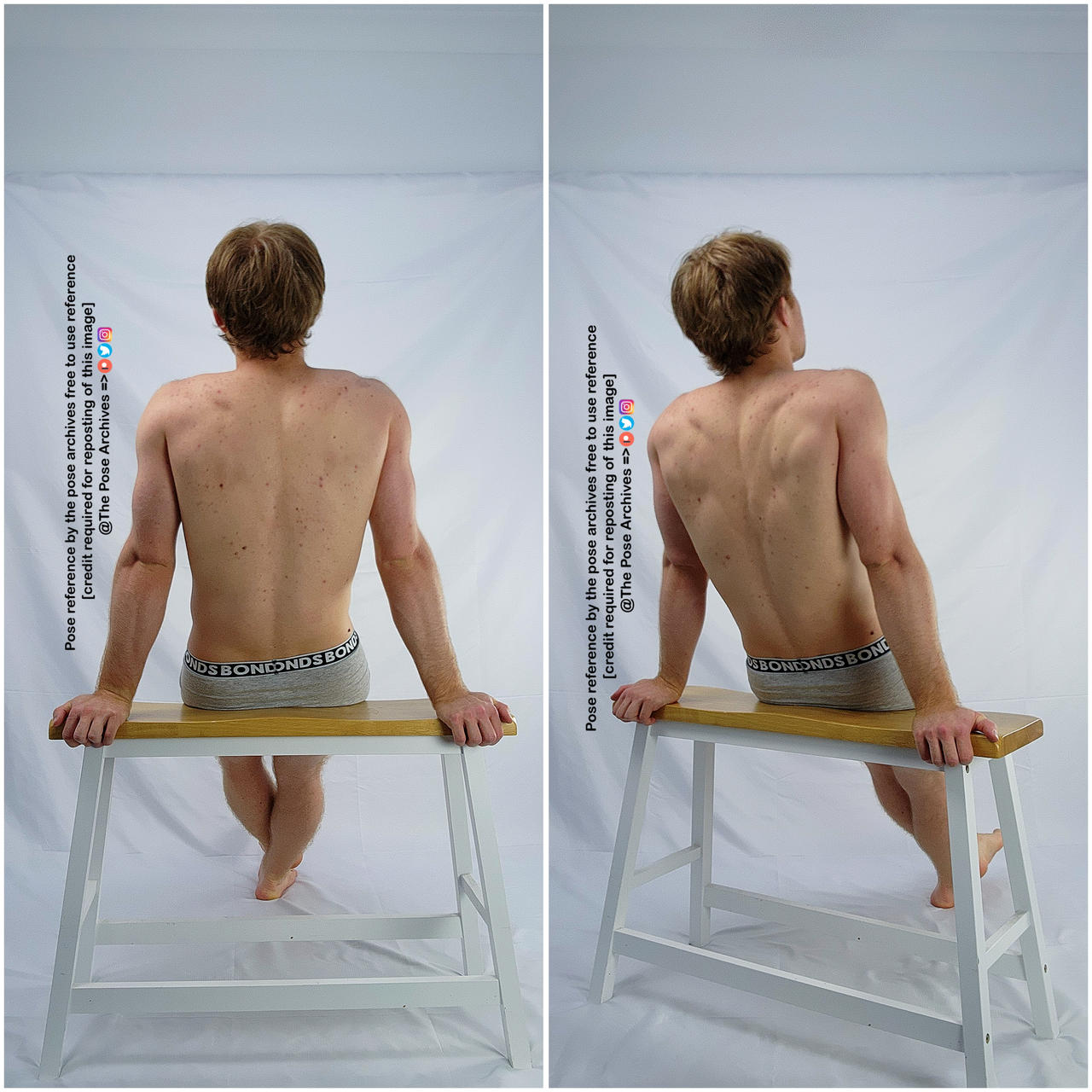 a photo collage showing a man with his back to the camera, sitting on a bench. he is shirtless and wearing boxer briefs. the photo is a pose reference for artists.