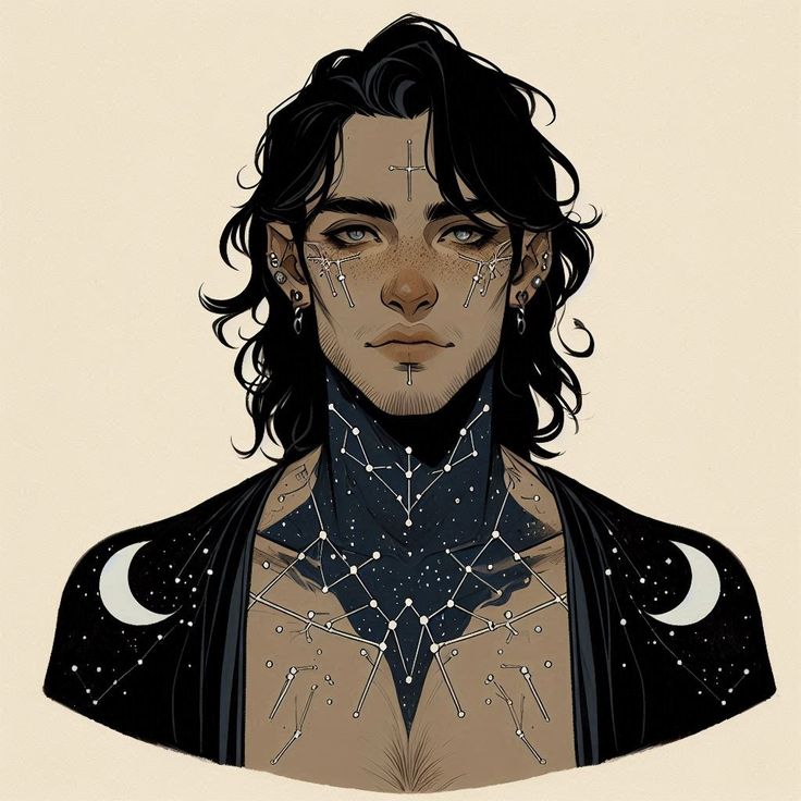 a digital illustration of a handsome man with long dark hair and a stubble beard. he has blue eyes and freckles on his face. he is wearing a black garment and has a tattoo of constellations, stars, and a crescent moon. he also has an earring in his right ear and a necklace around his neck. his background is a light cream color. the overall image is dark, mystical and supernatural.