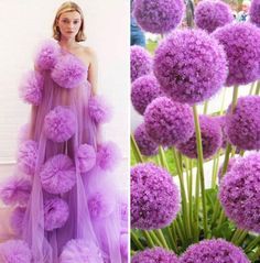 this image showcases the beauty of contrasting textures and colors. on the left, a woman is adorned in a striking purple tulle dress, featuring multiple layers of soft, voluminous ruffles. her outfit creates a sense of ethereal elegance. on the right side, a vibrant bouquet of allium flowers captures the viewer's attention. these purple flowers, with their spherical shape and delicate texture, offer a striking visual contrast to the dress. the juxtaposition of the delicate dress and the bold blooms creates a captivating visual experience, highlighting the beauty of both nature and fashion.
