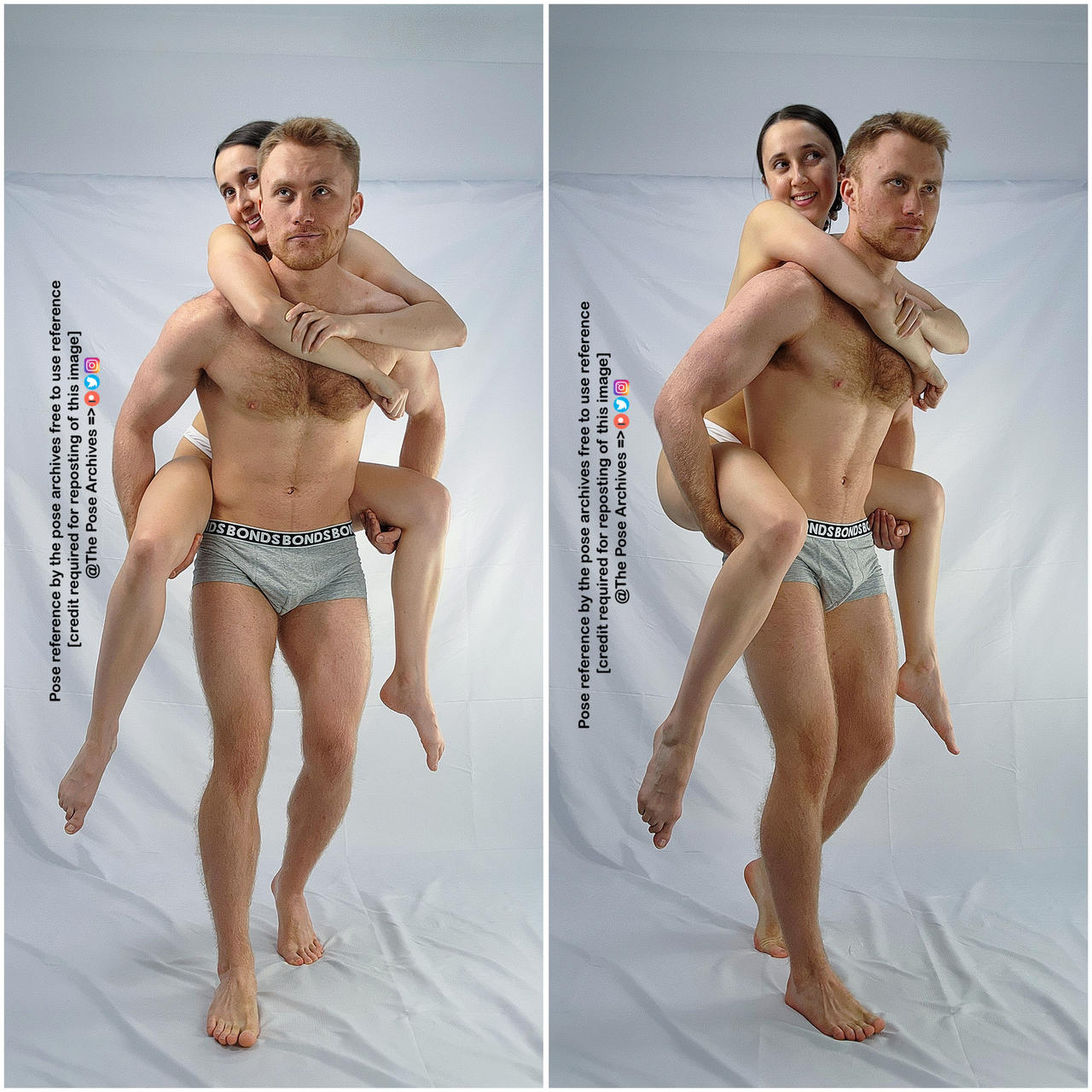 this is a photo of a man and a woman posing for the camera. the photos are sidebyside and show the couple in slightly different poses. in both photos, the woman is on the man's back in a piggyback position. the man and woman are both smiling and appear to be enjoying themselves. the background of the photo is white. the photo has been digitally edited to remove any imperfections and to make the colors pop. the lighting is bright and even, which helps to create a