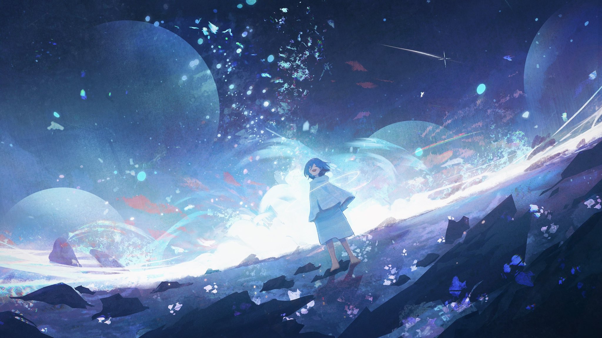a digital art illustration featuring a young animestyle girl standing on a rocky, otherworldly terrain. the scene is dominated by shades of blue and white, with large planets or celestial bodies visible in the sky. the background is filled with stars and glowing elements, giving the image a fantasy, ethereal feel. the girl is wearing a simple white outfit and appears to be smiling. the landscape is composed of dark rocks and illuminated by a bright light source behind her.