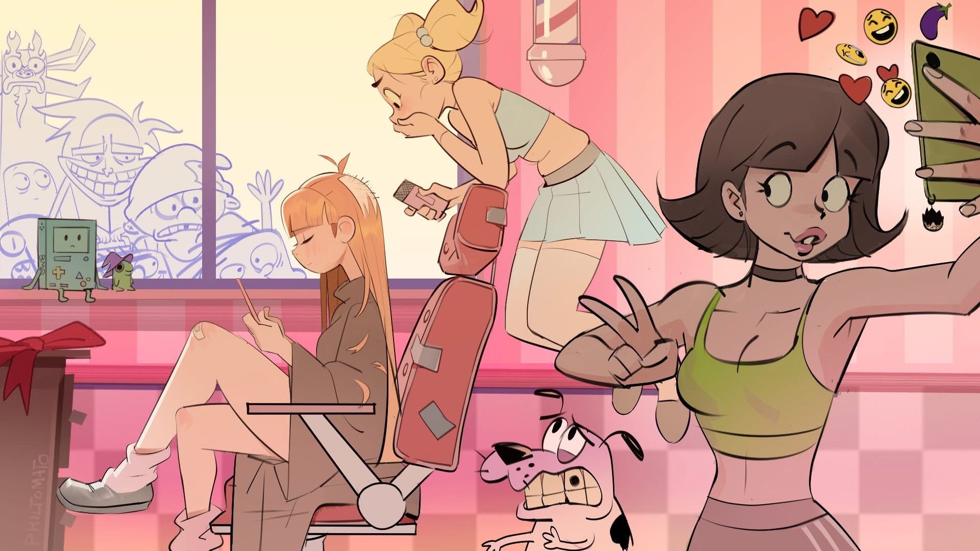 an illustration featuring several women in what appears to be a barbershop, all engrossed in their cell phones, with additional cartoon characters such as courage the cowardly dog and bmo visible.