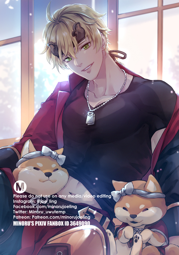 a blonde anime male character with horns, wearing a red jacket over a black shirt, sitting on a  chair and holding two white puppies wearing red and white bows. there is a window in the background.