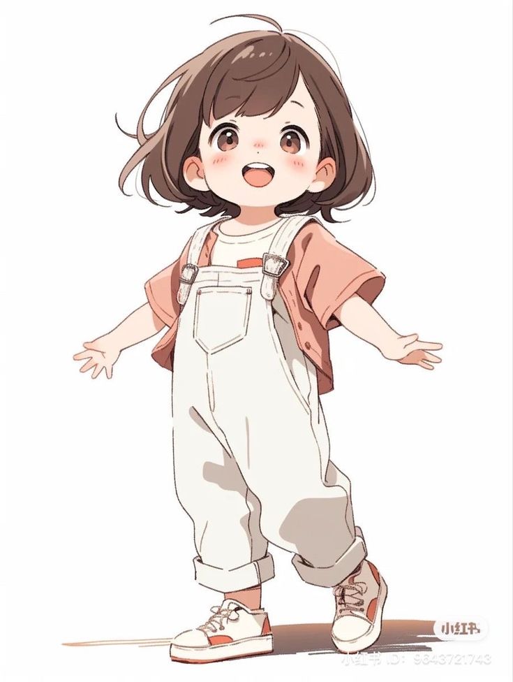 the image is a digital illustration of a cute animestyle toddler girl. she has short brown hair, large expressive eyes, and rosy cheeks. she's wearing a peachcolored shortsleeved shirt over a pair of white overalls and white sneakers. the girl is depicted in a fullbody standing pose, smiling happily. the background is plain white, focusing attention solely on the character.  the art style is soft and gentle, using light colors and simple lines to create a charming and appealing image.