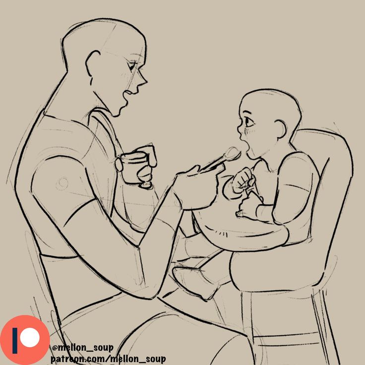 a sketch of a father feeding his baby. the father is seated on a chair and holding a spoon, while the baby is sitting in a high chair. they are both looking at each other, and the baby has a happy expression. the father looks lovingly at the baby. it appears as if the father is giving the baby their food, a warm and sweet moment.