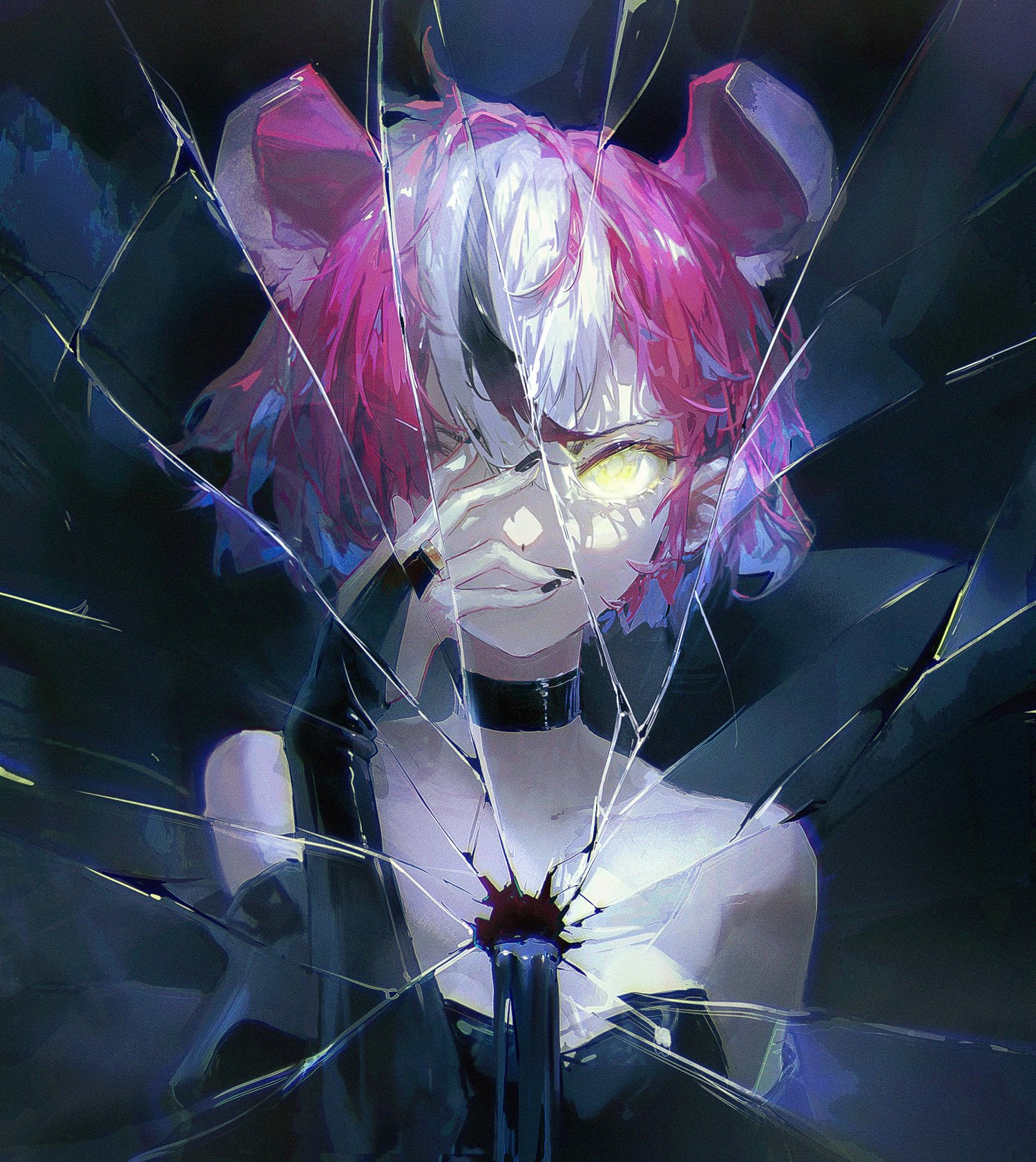 a young anime girl with pink and white hair is looking at the viewer through a broken glass. she is wearing a black dress and a black choker. there is a cut on her arm and a dark spot on her chest. she looks like she is in a lot of pain and is going through a lot. the image is dark and sad.