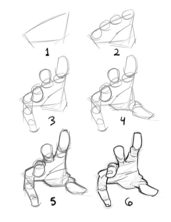 the image shows six steps of a hand drawing tutorial. each step builds upon the previous one, showing how to construct a realistic hand from basic shapes.  the tutorial starts with simple geometric forms and gradually adds more detail and dimension.