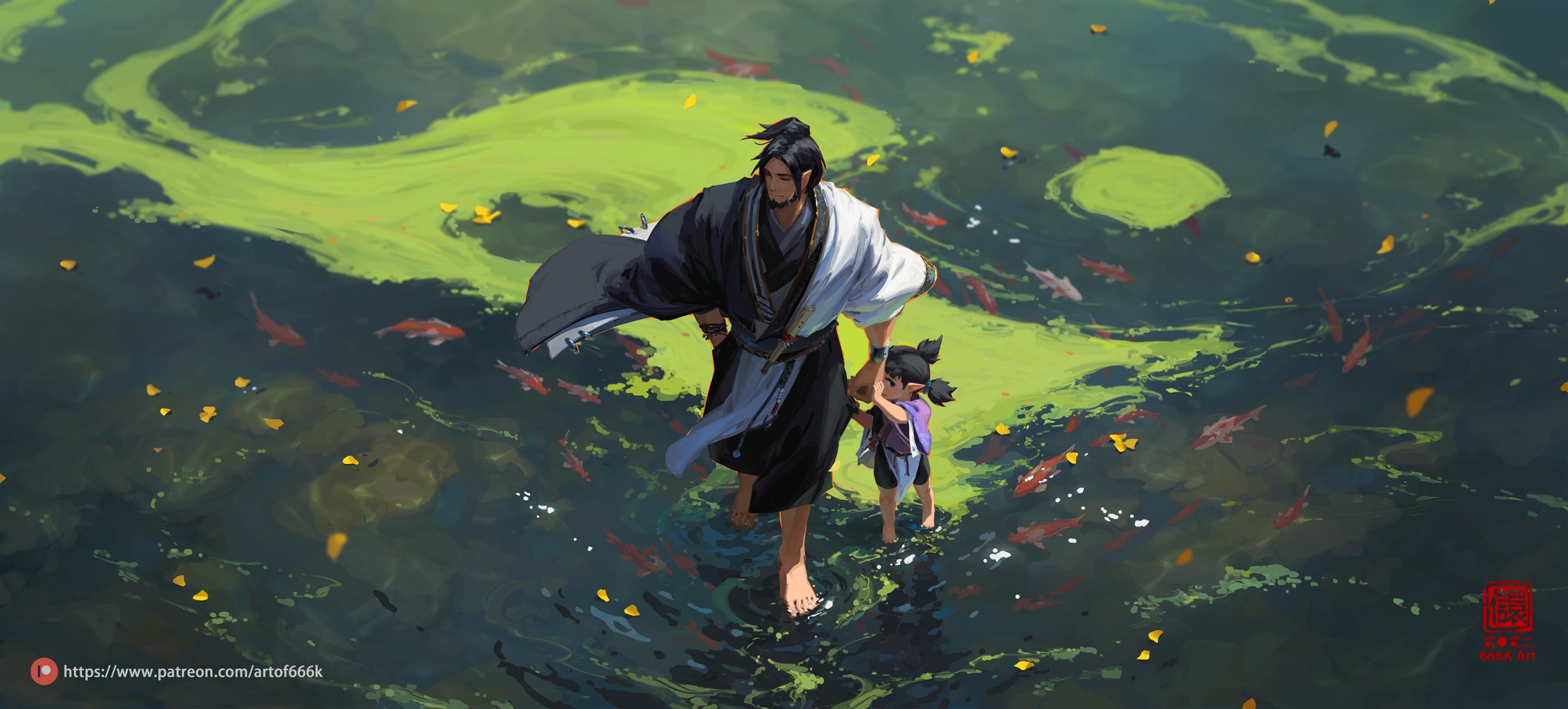 the digital painting depicts a man and a young girl wading through a shallow body of water teeming with koi fish. the water is partially covered in a bright green algae or plant growth, and yellow leaves float on the surface. the man, who appears to be of asian descent, is dressed in a traditional darkcolored robe and has dark hair tied back. the girl is wearing a purple dress. they are holding hands and walking together peacefully. the artwork has a serene and magical atmosphere, suggesting a fantasy setting or narrative.  an artist's signature and a patreon link are visible in the bottom corners.