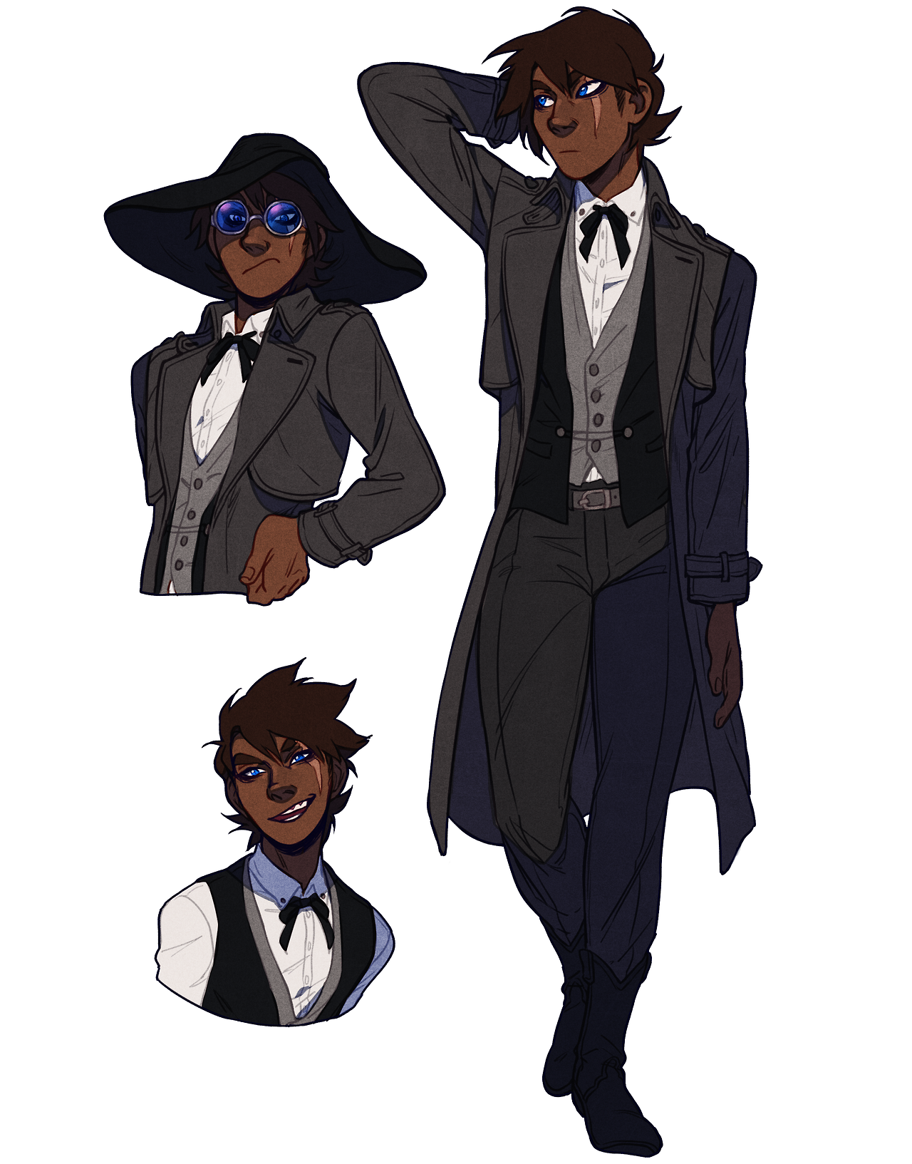 this is a digital illustration of a young man with brown skin and blue eyes. he is wearing a westerninspired outfit. he has a scar over his right eye and is shown in three different poses.