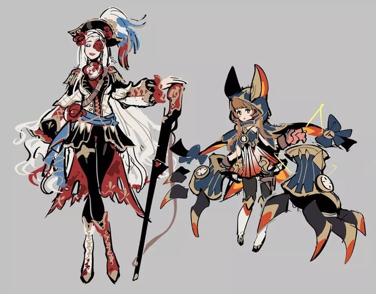 he image contains concept art of two female characters. the first character is a woman with long white hair wearing a red and black piratestyle outfit. she wears a tricorn hat adorned with roses and carries a long, darkcolored staff. the second character is a smaller girl with brown hair, wearing a steampunkinspired outfit with clockwork elements, and large, armlike appendages extending from her cloak.  both characters are depicted in a style reminiscent of anime and manga, with loose lines and vibrant colors. the background is a simple, light gray.