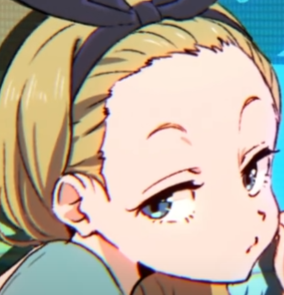 the image shows a closeup illustration of an anime girl's face. she has blonde hair tied up with a black headband, blue eyes, and a thoughtful expression with a slight pout. the art style appears to be digitally drawn and features soft lighting.