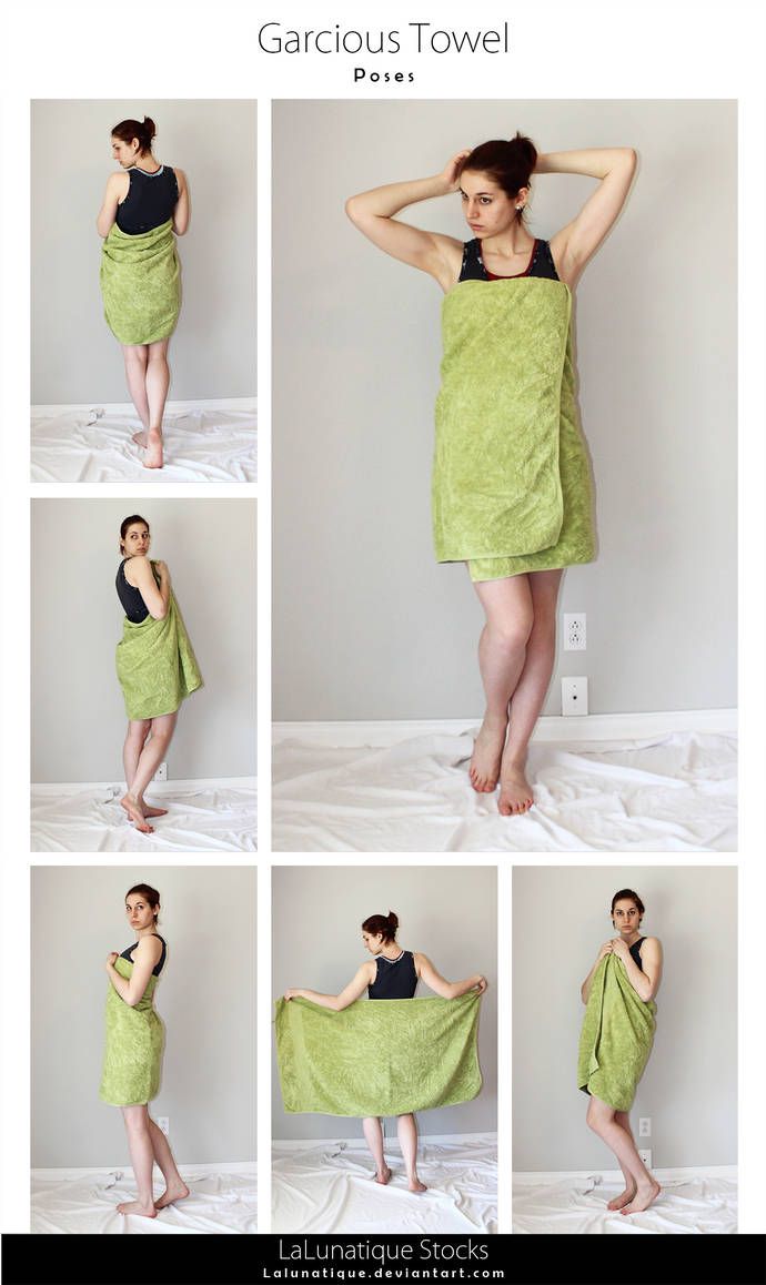 this image shows a young woman posing in a green towel. the woman is wearing the towel in different ways, from wrapped around her waist to draped over her shoulders. the image is set against a white background.