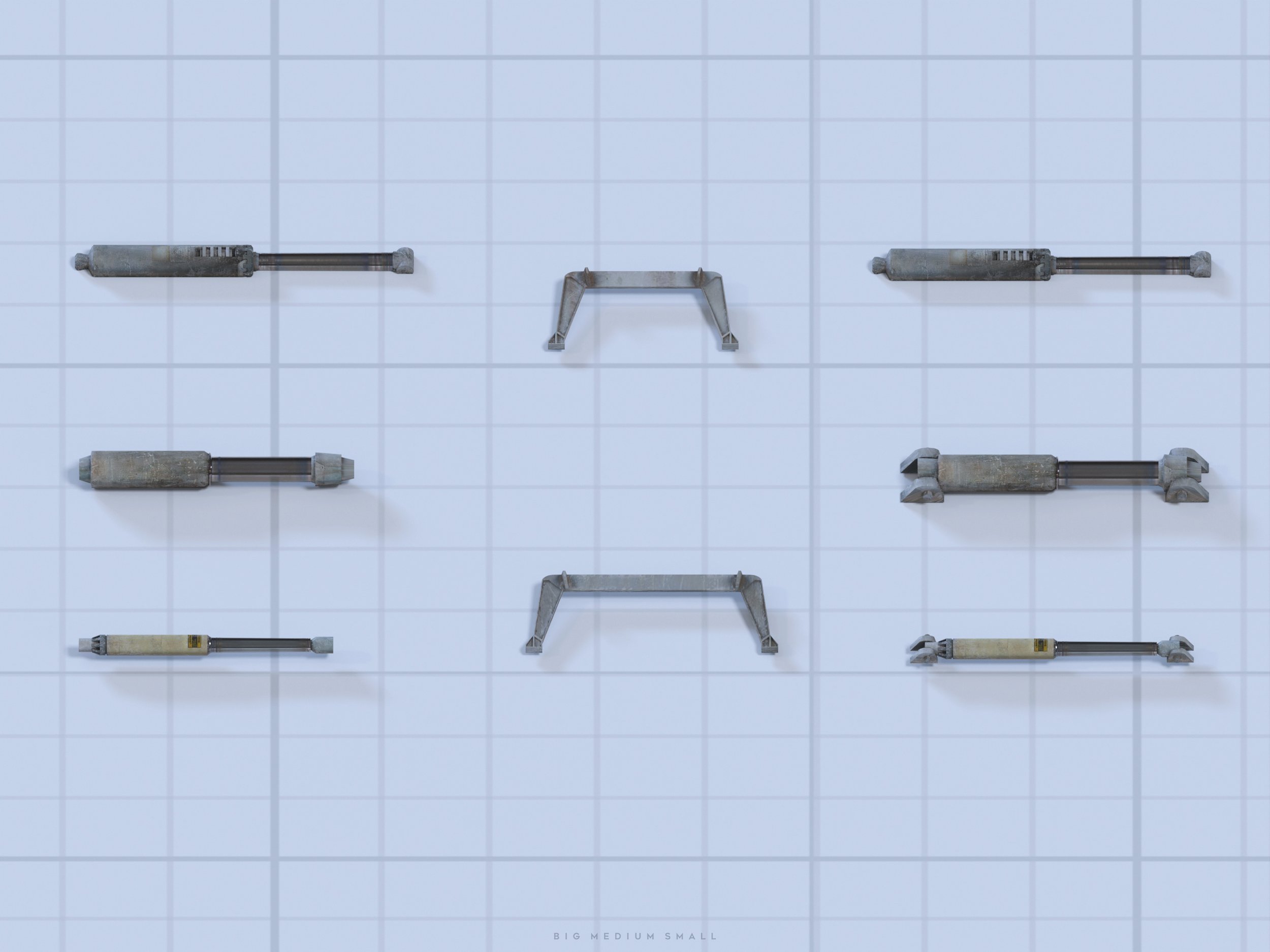 the image shows a grid background with nine different types of hydraulic or pneumatic cylinders arranged in a 3x3 matrix. the cylinders vary in size, with three sizes clearly indicated: "big," "medium," and "small," as labelled at the very bottom.  two different styles of cylinders are shown: long and straight and another with a shorter base and a crossbeam structure. the image is likely a product shot or design visualization demonstrating the variety of sizes available. the overall style is clean and industrial.