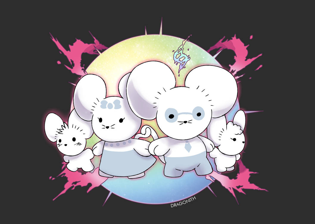 the image shows a family of four cute, cartoon mice. the two adult mice are larger, one female with a bow and a male wearing glasses. they are holding hands with each other. the two smaller mice, one male and one female, are standing next to them. they are all white with light blue accents. they are surrounded by a rainbowcolored circle with pink splashes in the background. the overall style is cute and colorful, with a pastel palette.  the artist's signature, "dragonith," is visible at the bottom of the image.