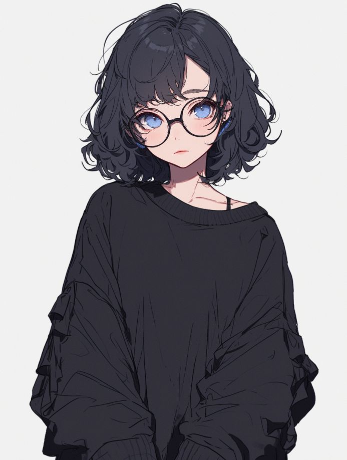the image is a digital drawing of a young animestyle girl with short, dark, curly hair. she's wearing round glasses and a dark, oversized sweater with ruffle sleeves.  her expression is calm and gentle. the background is plain white, focusing attention on the girl. the art style is soft and detailed, with a focus on subtle shading and linework.