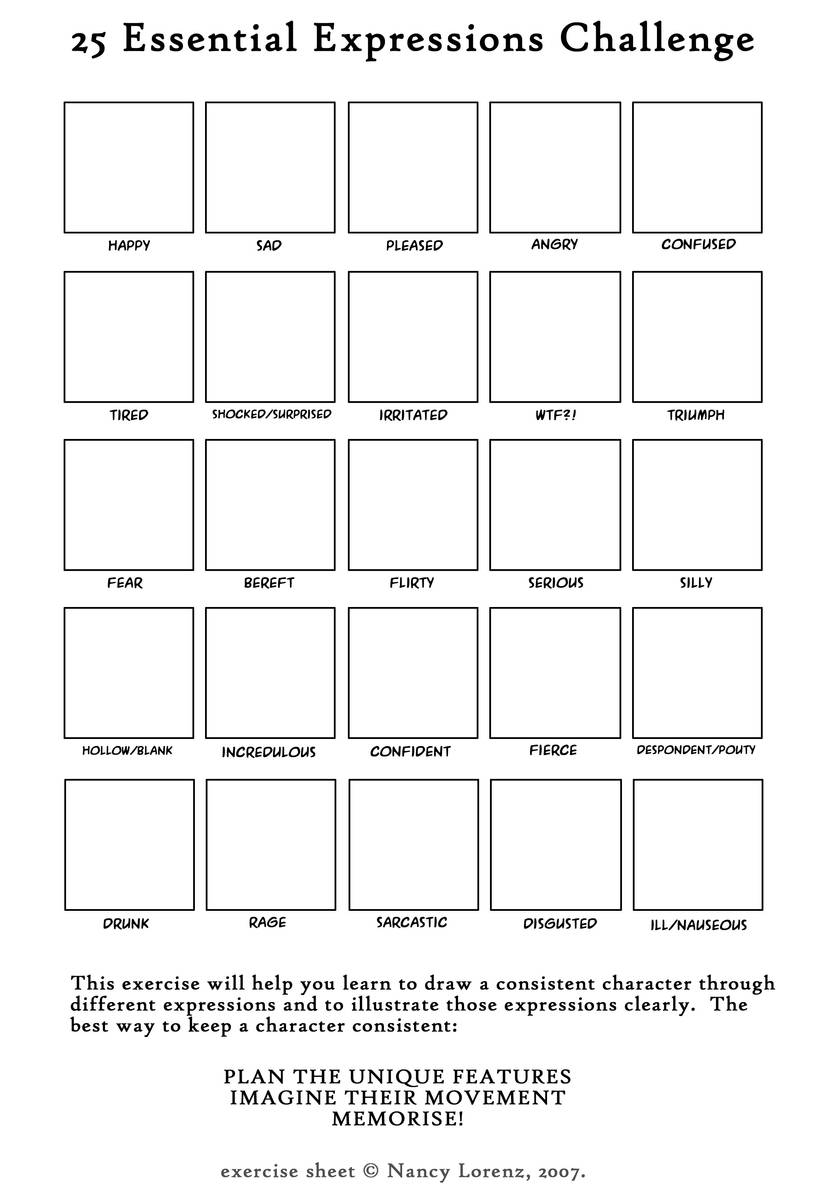 the image presents a blank "25 essential expressions challenge" worksheet. it's a grid with 25 empty squares, each labeled with a different emotion for an artist to draw within. the instructions encourage using the sheet to practice drawing a consistent character across a variety of emotional expressions.