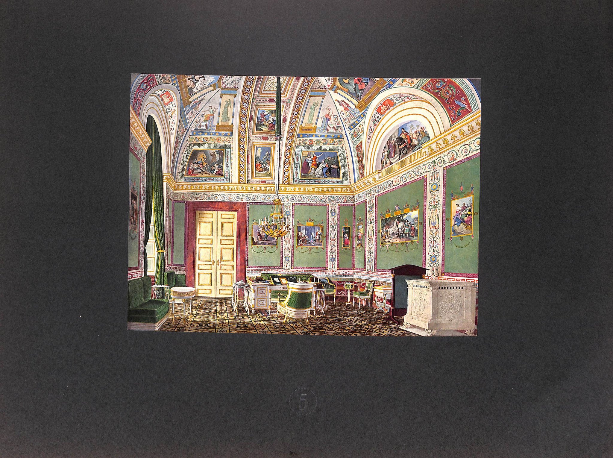 the image shows an interior room with artwork on the ceiling and walls. the room has a door, furniture, chairs, a table, a chandelier, curtains, a fireplace, and a carpet. the room is decorated with paintings on the ceiling and walls.