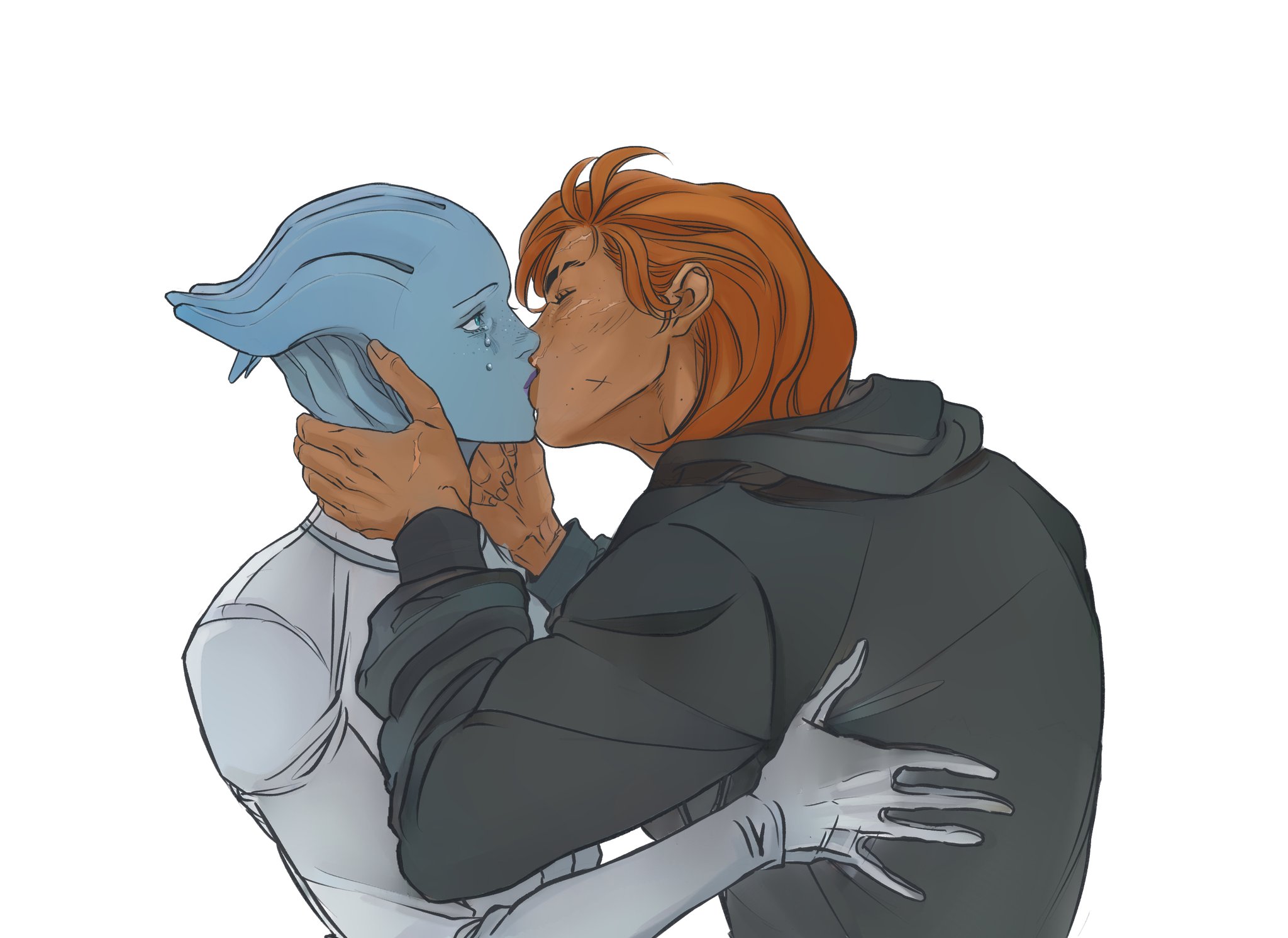 an illustration shows commander shepard, with auburn hair and wearing a dark hoodie, kissing liara t'soni, an asari alien with blue skin. liara is crying a single tear, and shepard is holding her face tenderly in their hands. it appears to be a romantic scene, with both characters showing affection for each other.
