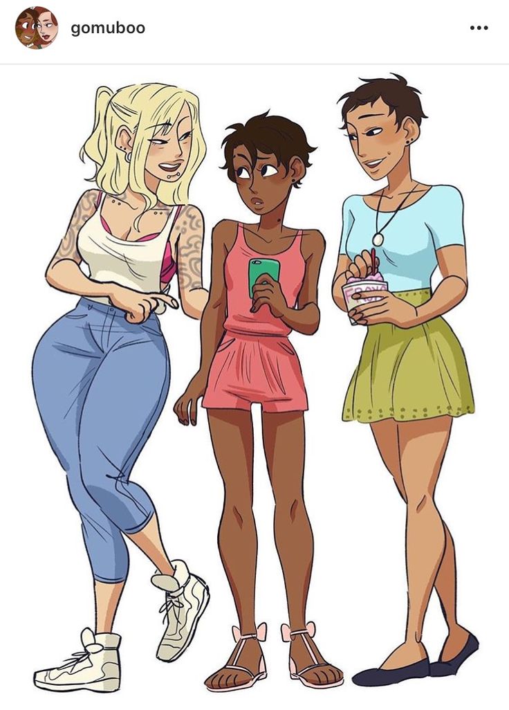 the illustration features three women standing together in a casual outdoor setting. they are dressed in summery attire, with one wearing jeans, another in a dress and the last one wearing a skirt. all three are smiling and chatting, suggesting they are friends. the artwork is drawn in a cartoon style, with vibrant colors and exaggerated features.