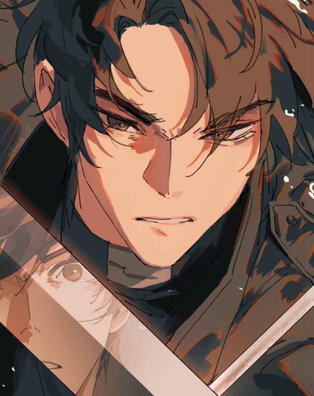 the image is a digital drawing or painting in an anime/manga style. it features a closeup portrait of a young man with dark brown hair.  he has a serious, almost angry expression on his face, with narrowed eyes and a tightlipped mouth. he appears to be a warrior or fighter, possibly in the midst of battle, as two swords are prominently featured crossing in the foreground, partially obscuring the character and suggesting action. the art style is highly detailed and stylized, with a focus on dynamic linework, shading, and color to convey emotion and movement. the overall mood is tense and dramatic. there's a secondary character partially visible behind the main character, adding depth and suggesting a larger narrative context. the color palette is warm, with earth tones and browns dominating.
