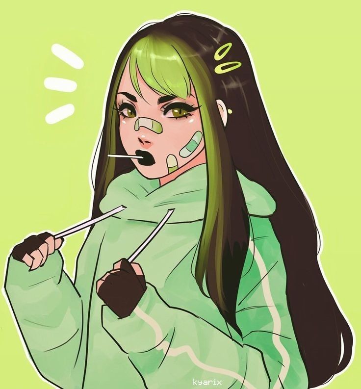 a drawing of an anime girl with green hair, wearing a green hoodie with white stripes and black gloves. she has a bandage on her face and a lollipop in her mouth.