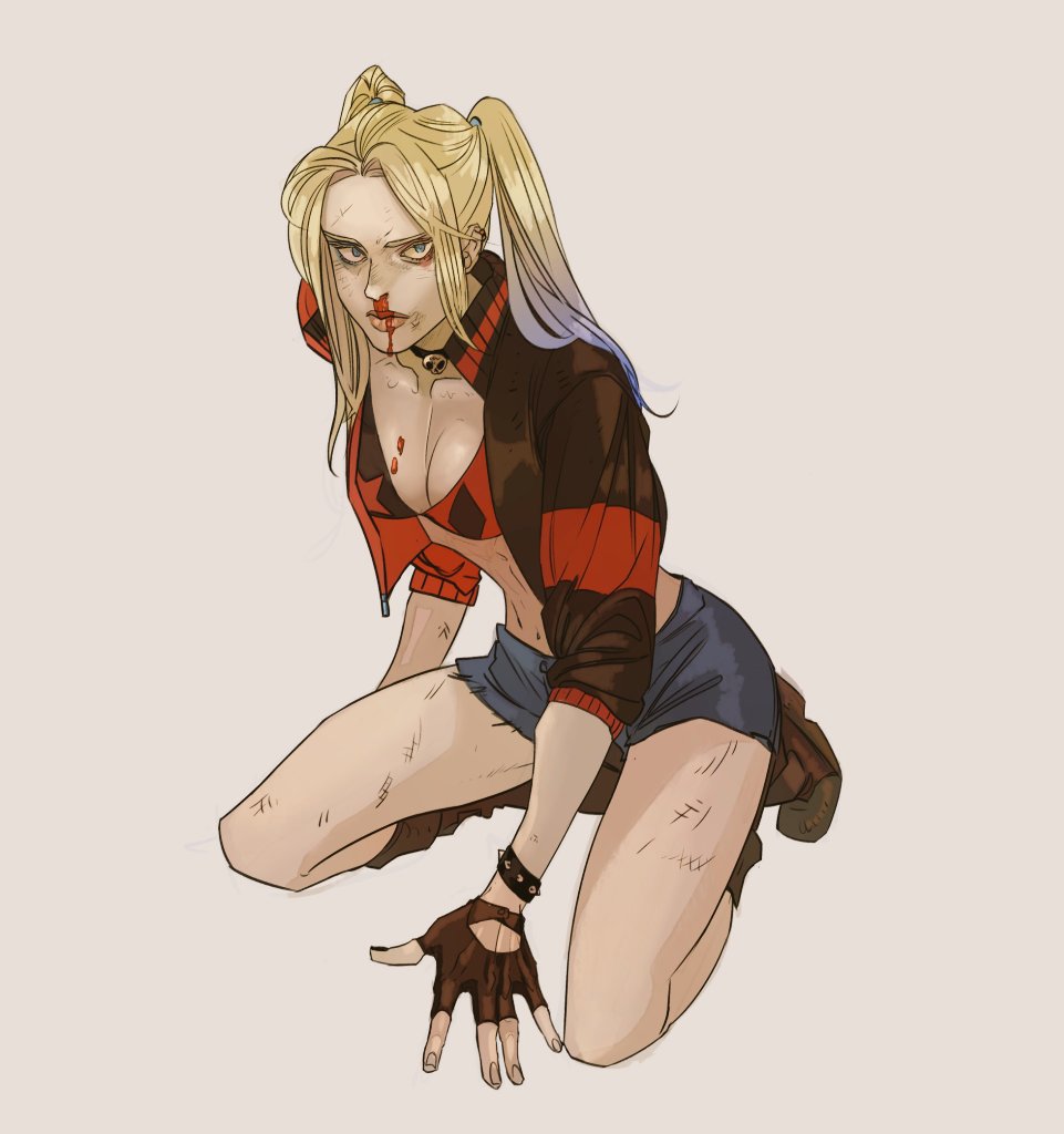 the image shows a depiction of harley quinn in a comic book art style. she is kneeling with a determined expression, her blonde hair styled in pigtails. she wears a brown jacket over a red bra with a harlequin pattern, along with denim shorts. details include a choker, fingerless gloves, blood on her face, and scratches on her legs, suggesting a recent fight.