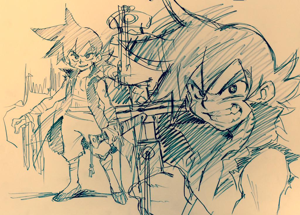 this is a dynamic pencil sketch of two animestyle characters. they both have spiky hair and are drawn with a lot of energy and movement, suggesting they are about to engage in action. the image appears to be a character design sheet or concept art.