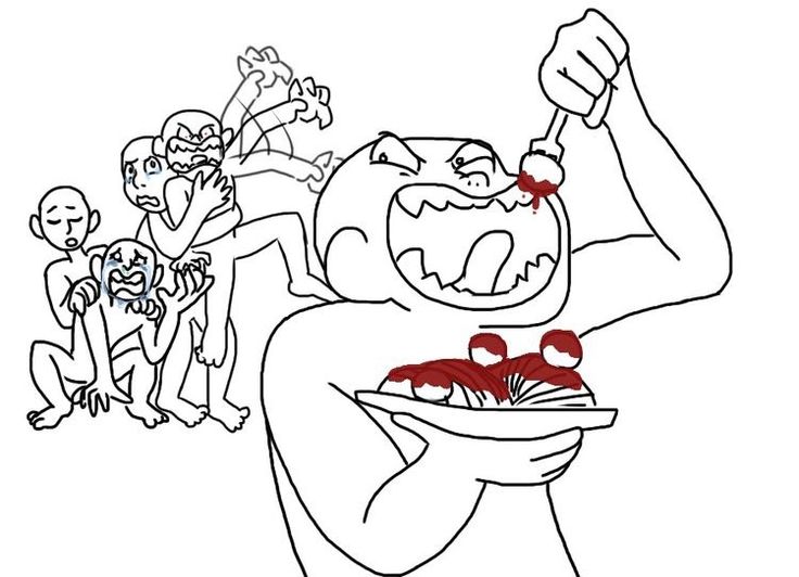 this is a cartoon drawing that looks like a base for a more complete drawing. it shows a person in the foreground who is laughing and eating spaghetti with meatballs, while in the background three people are crying and look afraid.