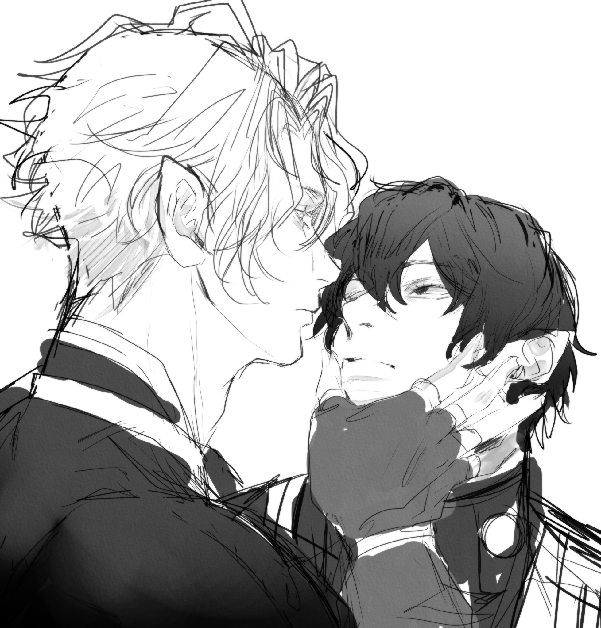 a black and white sketch of two anime men, the one on the left is