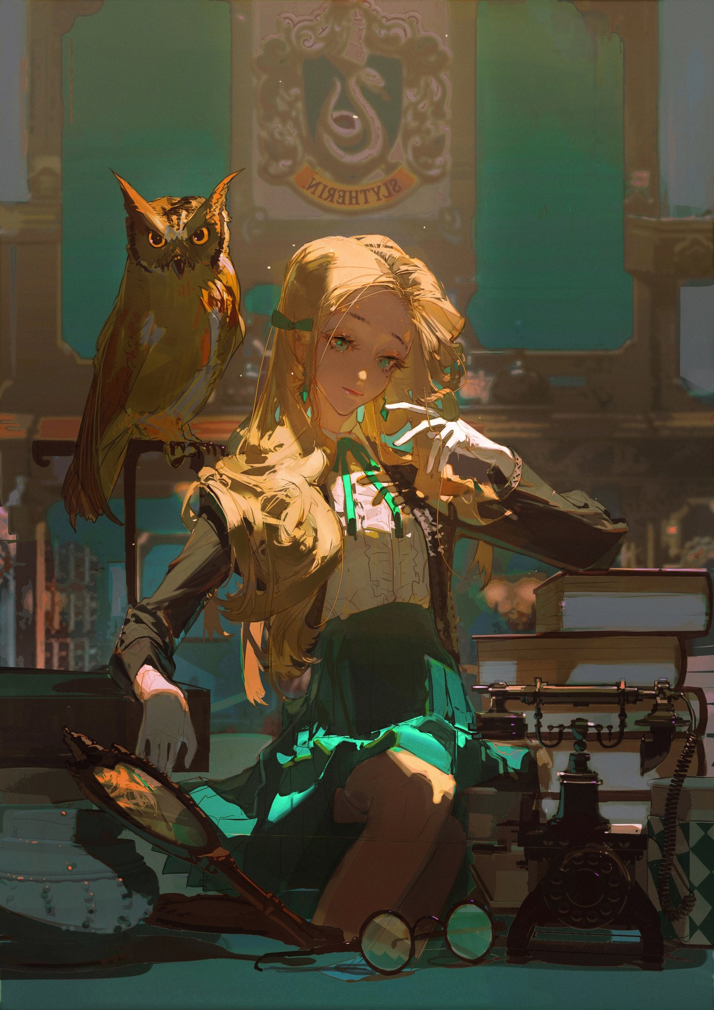a young anime girl with long blonde hair sits at a desk wearing a green slytherin school uniform and glasses. she is looking down with a pensive expression.  there is an owl perched on the desk behind her, and books and a vintage rotary phone are scattered on the desk in front of her.