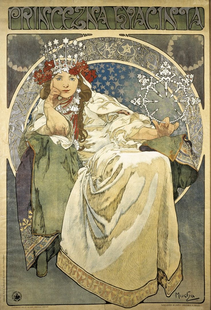 this is a poster by alphonse mucha titled "princenza hyacinta" rendered in the art nouveau style. it features a seated woman, presumably a princess, adorned with a crown of stars and red flowers. she wears a white robe and is surrounded by circular ornaments and stars. she is holding a ring with starshaped accents. the poster has an ornamental, vintage appearance.