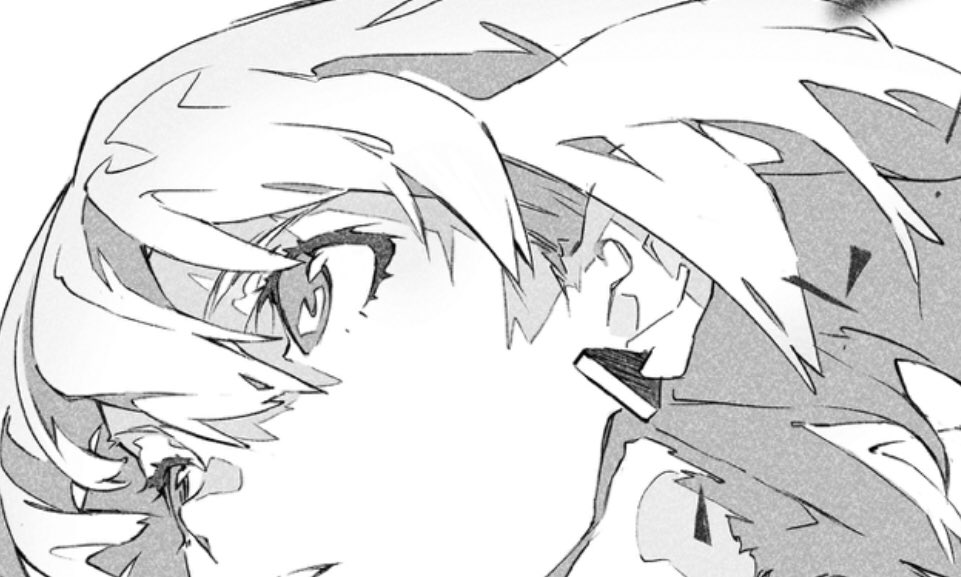 a black and white, closeup illustration of a girl with short hair, the majority of the image is taken up by her face with a focus on her eyes.