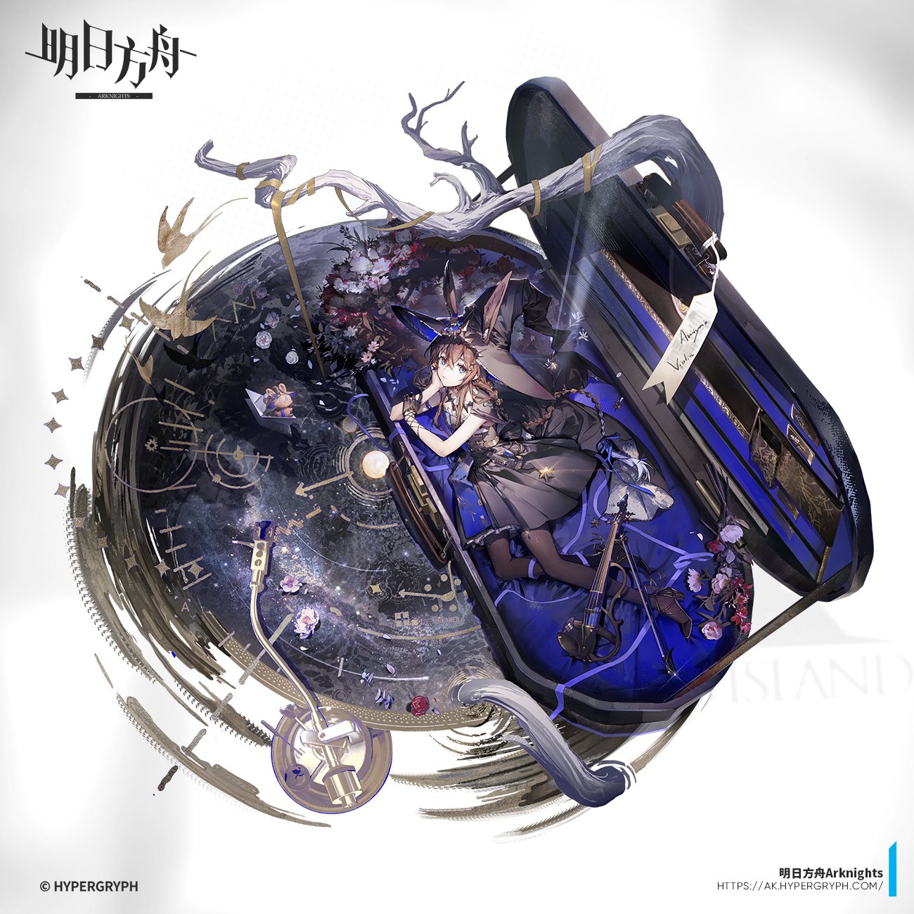 the image features a girl with rabbit ears, lying inside a violin case which is surrounded by a turntable, constellations, stars, flowers, and birds. the girl is wearing a dress and dark clothing, and there is a violin next to her. the overall theme of the image is musical and dreamy. the case is decorated with a tag. the turntable and constellation elements add to the celestial atmosphere of the artwork.