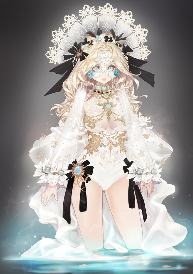 the image features a young woman with long, flowing blonde hair and piercing blue eyes, partially obscured by an elaborate white and gold mask.  she's adorned in an intricate outfit composed of a white leotard with gold embroidery and lace detailing, complemented by a sheer white overrobe. her attire includes a stunning jeweled crown, a matching choker, and various other sparkling accessories. black ribbon accents add a touch of contrast to the predominantly white and gold ensemble.  she stands gracefully in shallow water, her reflection shimmering beneath her. the overall ambiance is ethereal and mystical, enhanced by soft, magical lighting that illuminates the scene.